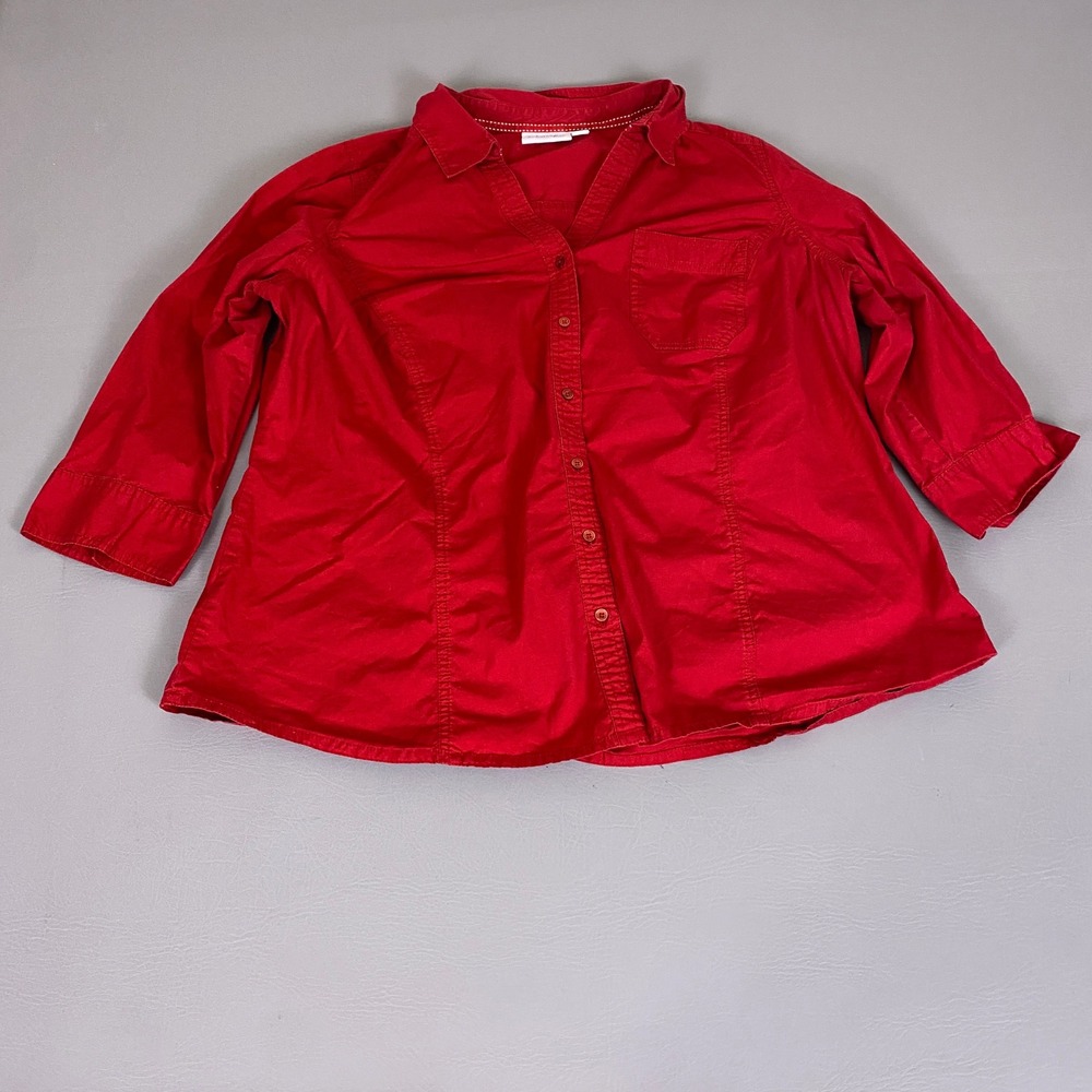 St. Johns Bay Shirt Top Women's 2X Red 3/4 Sleeve Button Front Stretch *Flaw